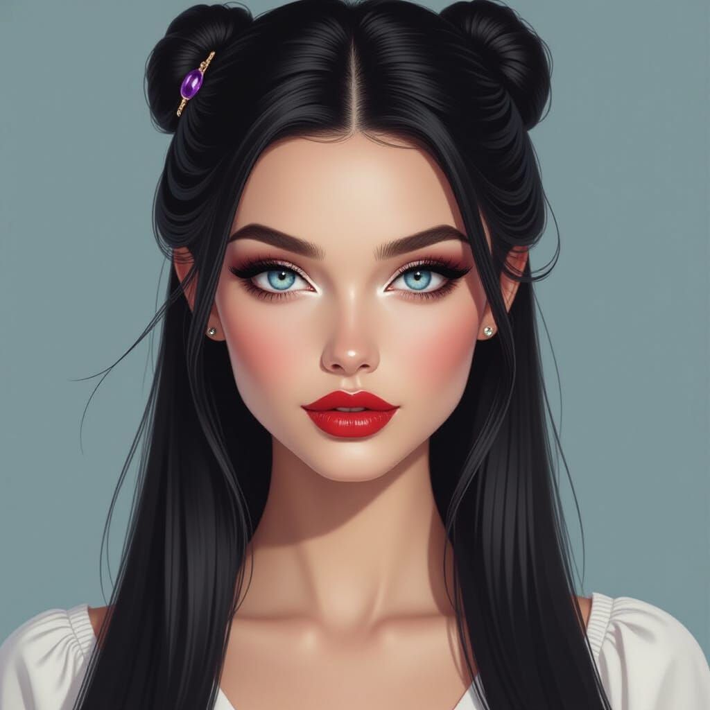 Elegant Woman with Amethyst Clip and Striking Blue Eyes