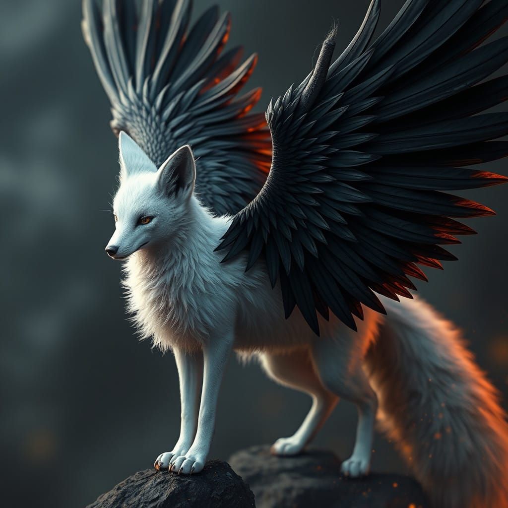 White Fox with Dramatic Black Wings in a Splendid Fantasy La...