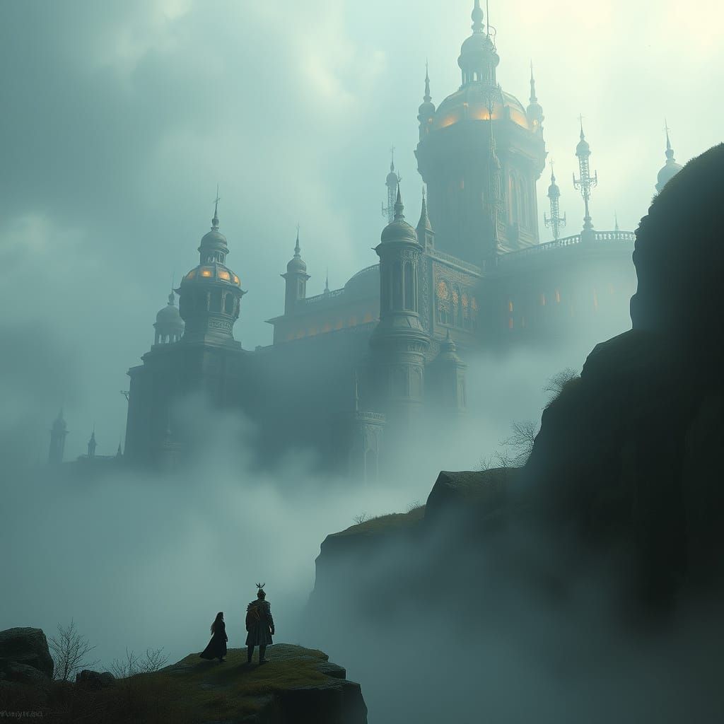 Mystical Mist-Shrouded Landscape with Dramatic Lighting