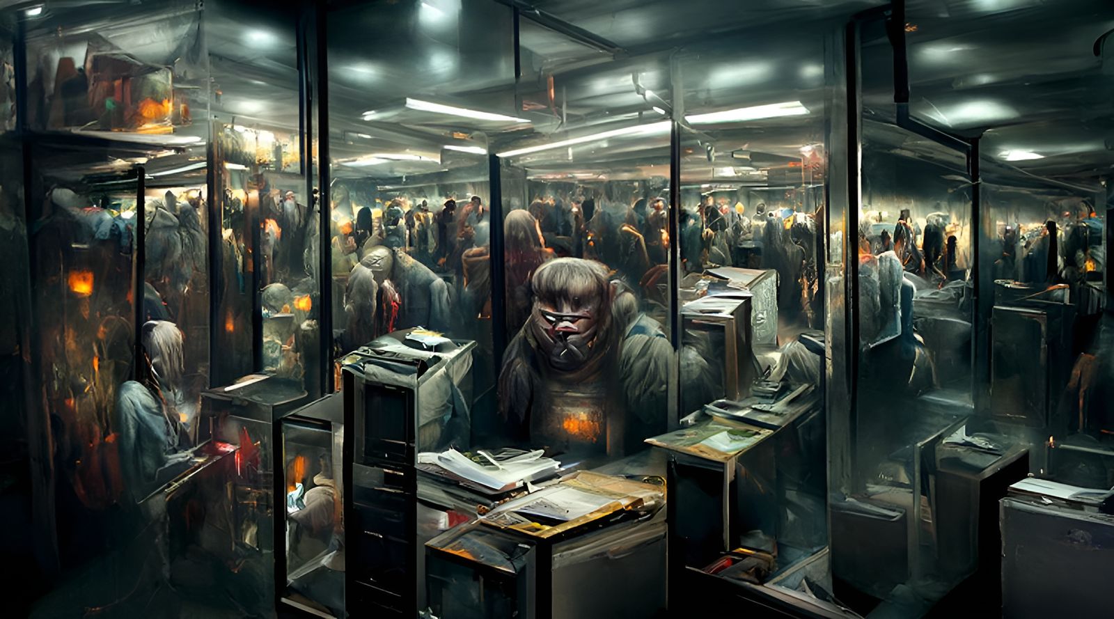 Hyperrealistic Liminal Office Corridor with Glowing Figures