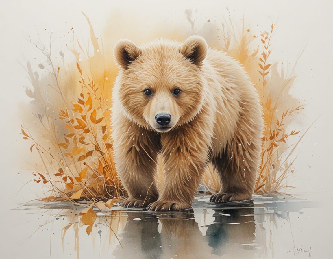 Enchanting Pastel Bear Cub in Autumn Frost