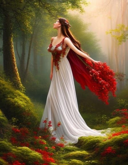 Enchanting Woodland Goddess in Opulent Forest Setting
