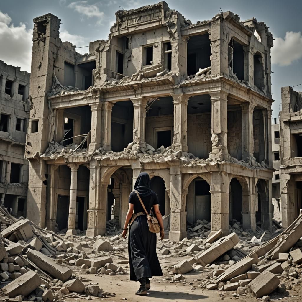 Hyperrealistic Cyborg Stalks Gaza Ruins
