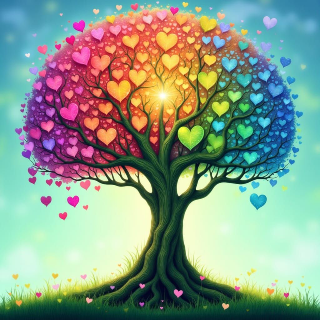 Chibi Tree of Life with Rainbow Heart Leaves