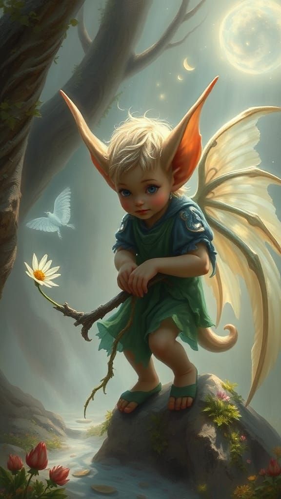 Mythical, magical being with pointed ears, often small and mischievous (European folklore)