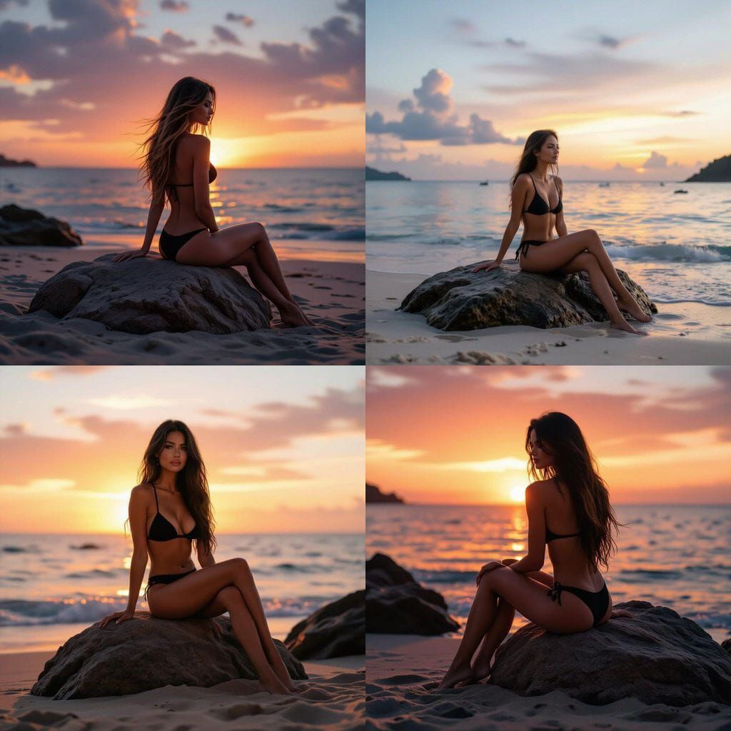 Sensual Sunset Beach Scene: Woman Posing on Rocks