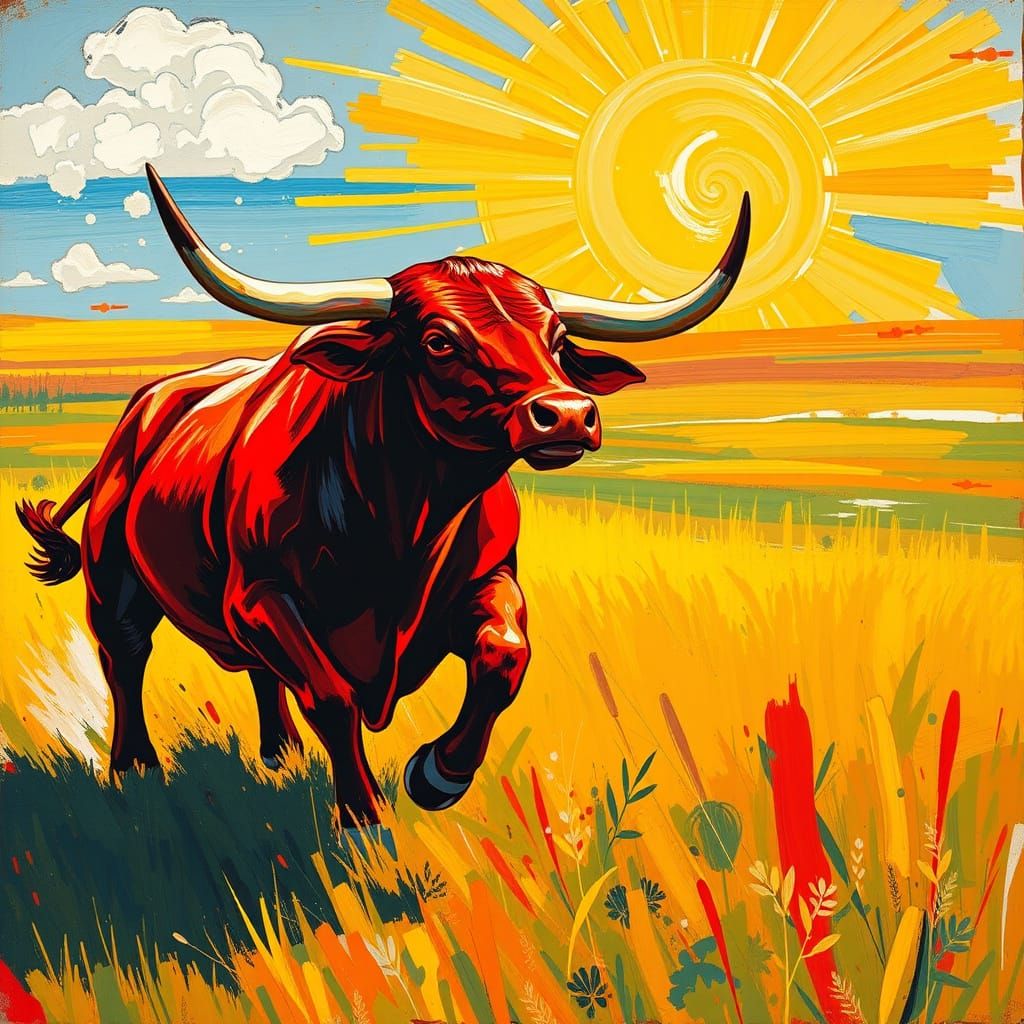 Fire Red Bull in Prairies, Fauvist Style