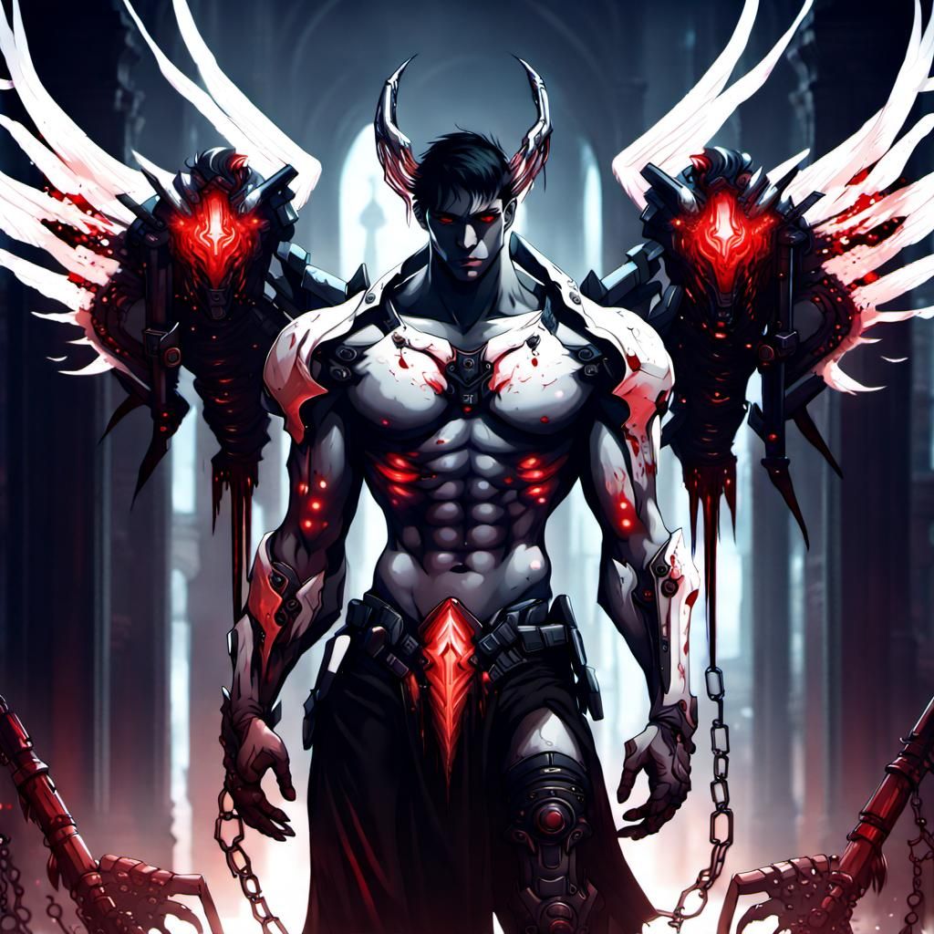 A handsome male cyborg angel demon hybrid waits with bloodth...