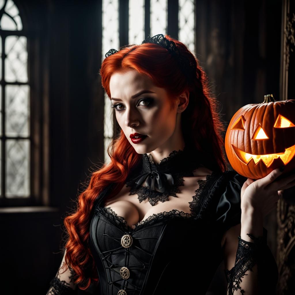 Redhead Vampire with Jack-o'-Lantern in Gothic Style