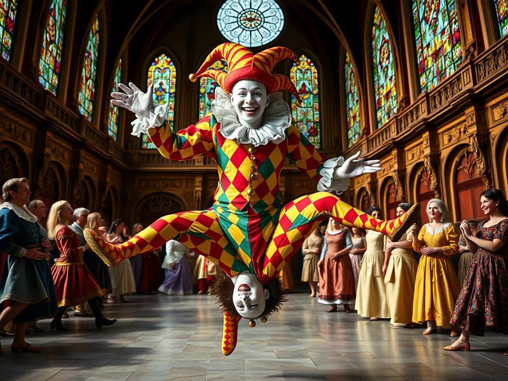 Medieval Jester in Vibrant Harlequin Attire, Caught in Joyfu...