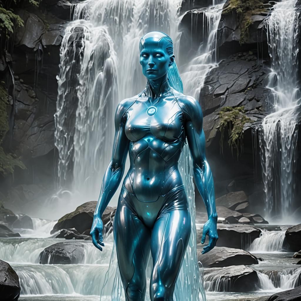 Female Dr. Manhattan Cooling by Waterfall in Hyperrealism