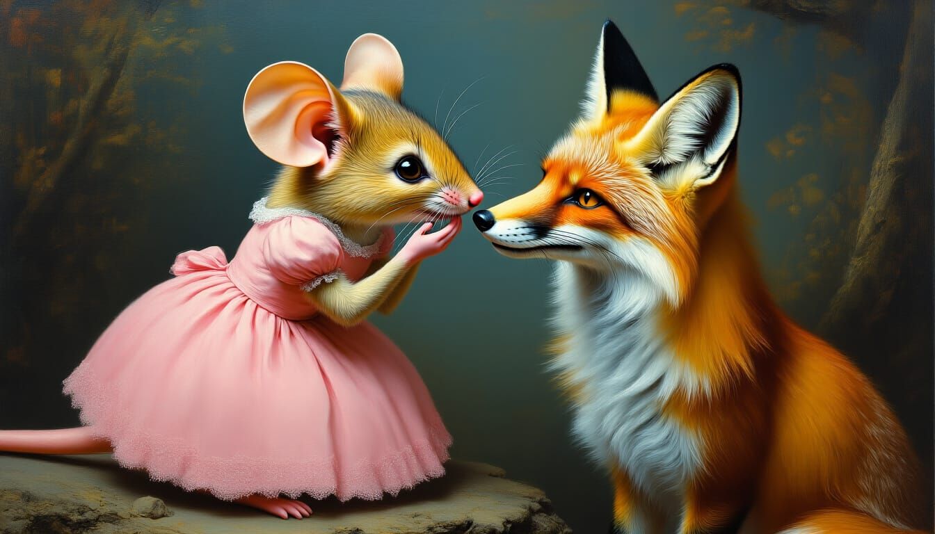 Anthropomorphic Mouse Whispering Secret, Surreal Mixed Media
