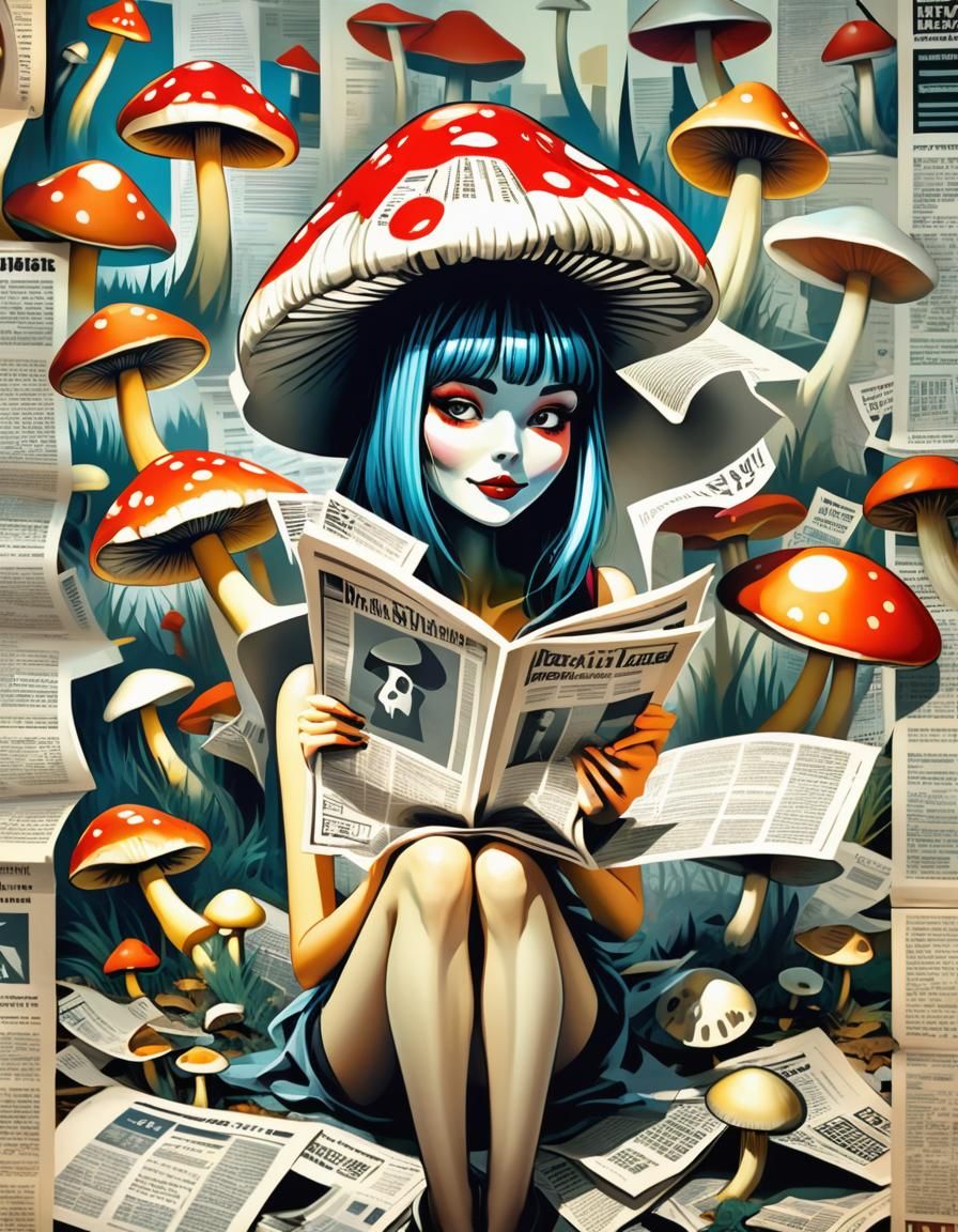 Mushroom Girl Reads Newspaper in Comic Cubist Style