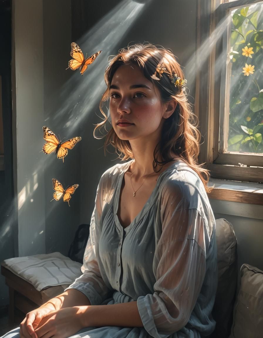 Sunlit Contemplation with Butterfly: A Moment of Stillness