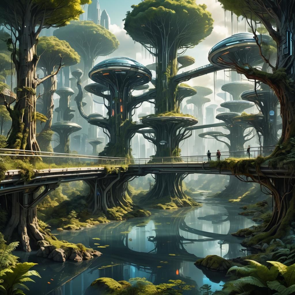 Futuristic City in Bioengineered Forest: Digital Art