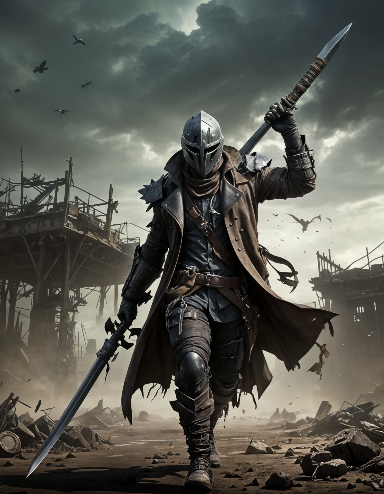 Cyberpunk Dystopian Hunter Slices Through Ruins