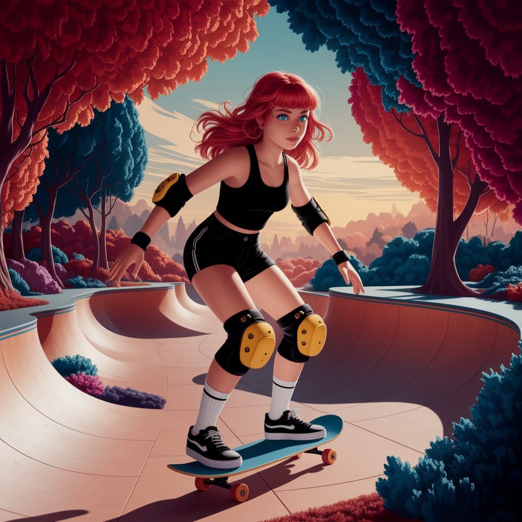 Young Woman Skates through Vibrant Fantasy Skate Park
