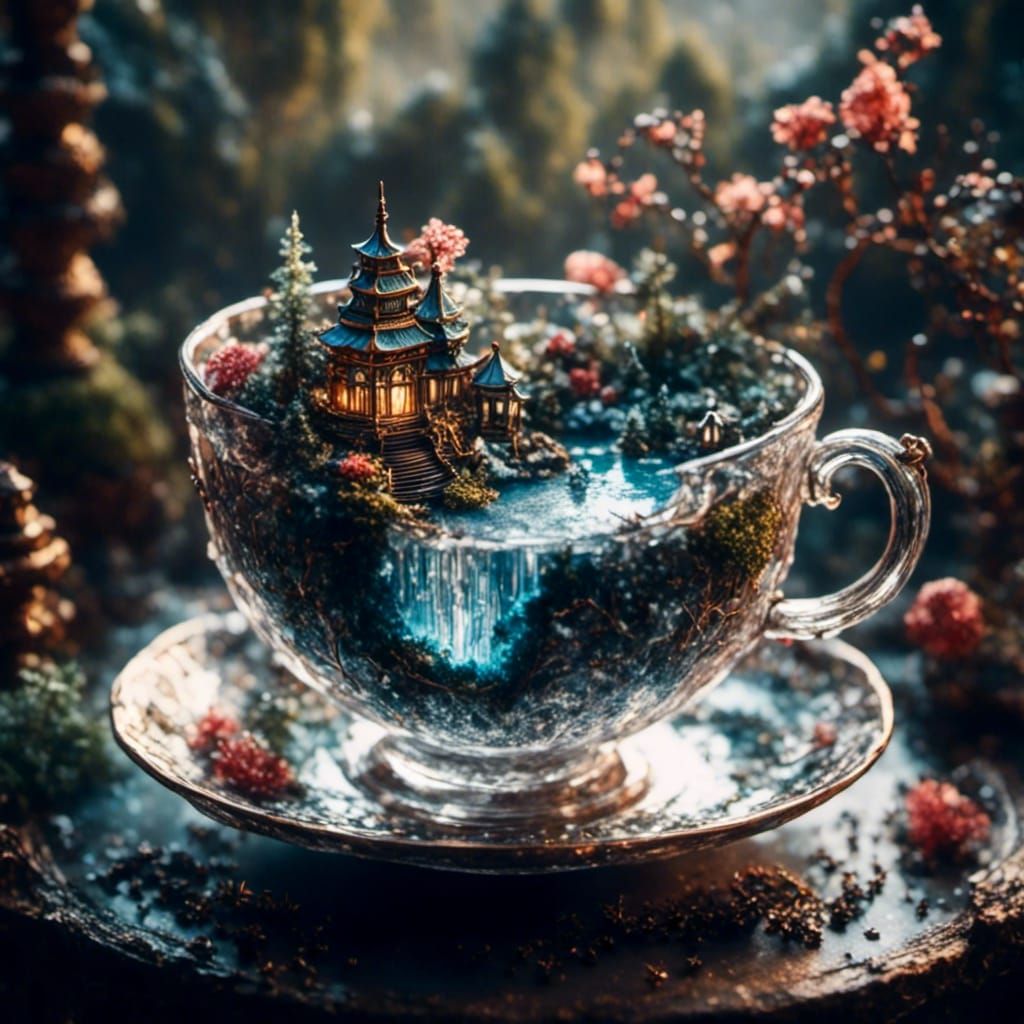 Miniature Winter Garden Inside a Transparent Teacup