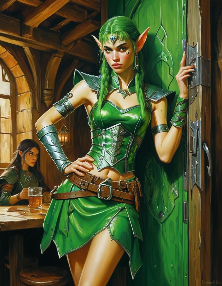 Elven Warrior in Fantasy Tavern, Acrylic Painting