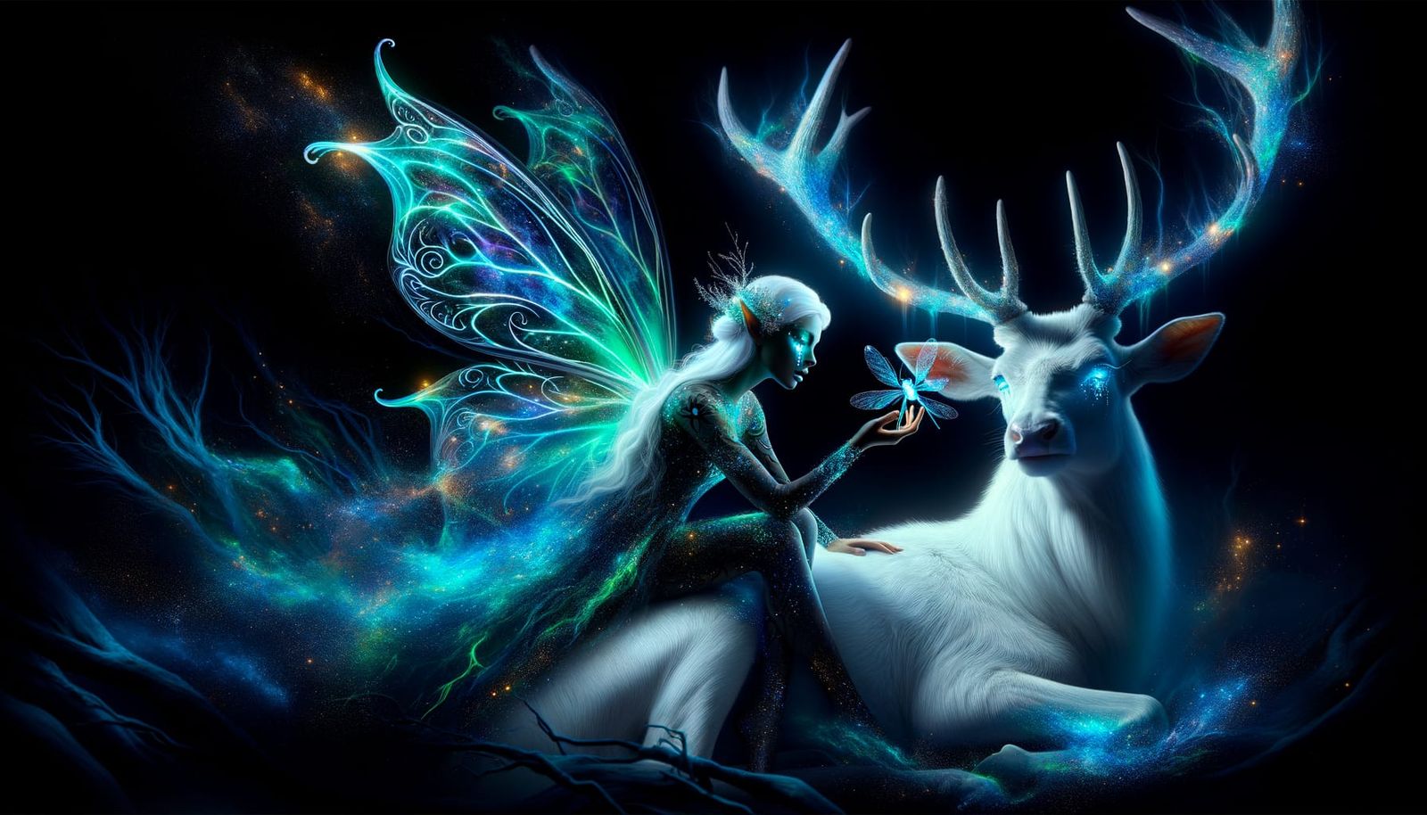 Bioluminescent Fairy Mourns Stag in Digital Painting