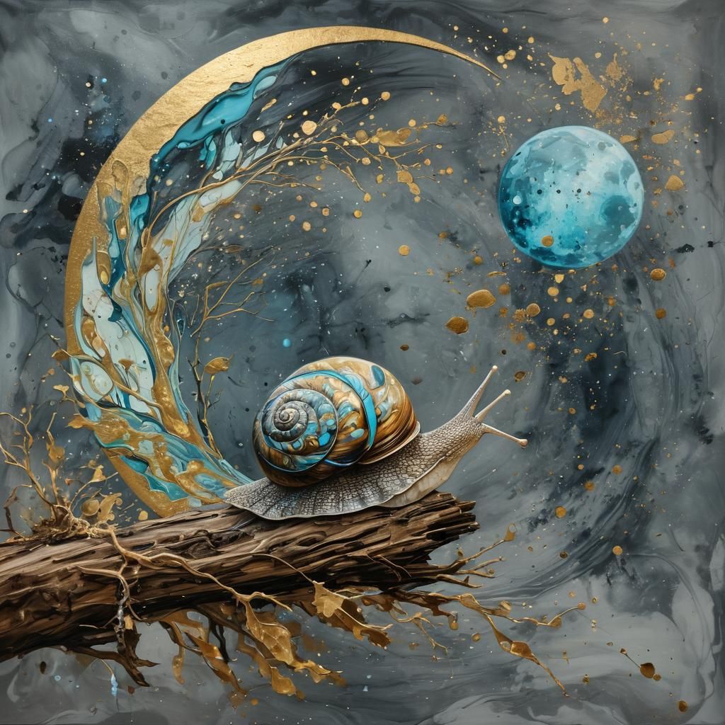 Snail on Bioluminescent Log with Moon, Alcohol-Ink Style