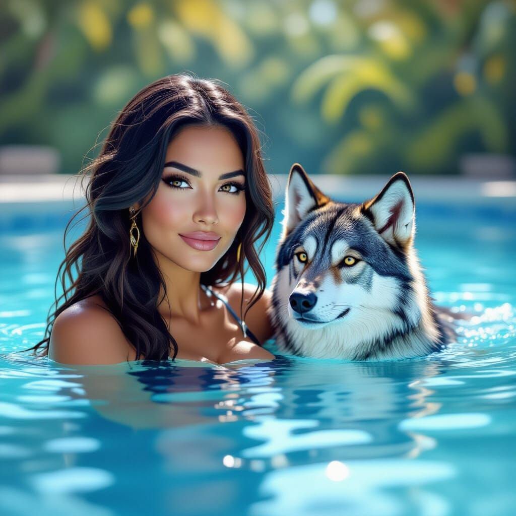 Woman and Wolf Swim in Abstract Pool