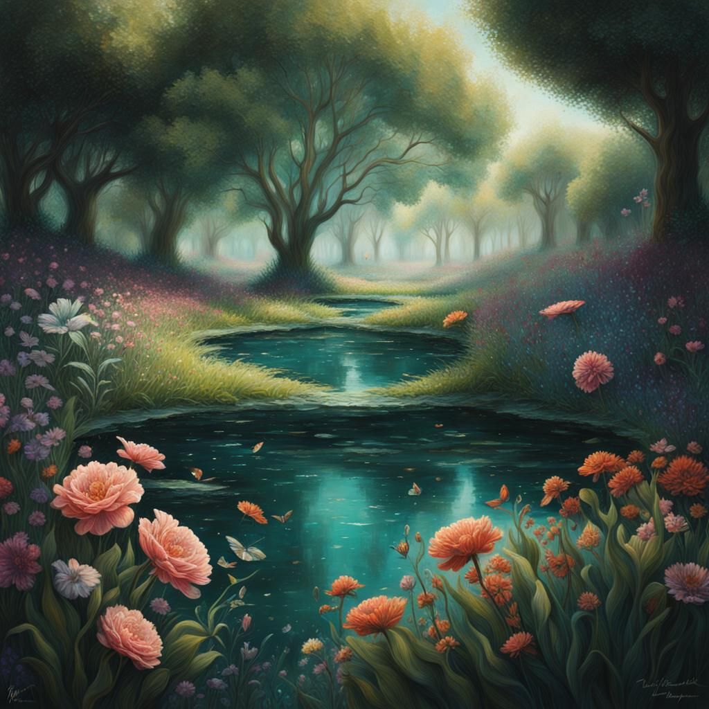 Surreal Garden: Hyperrealistic Dreamscape in Vibrant Colors
