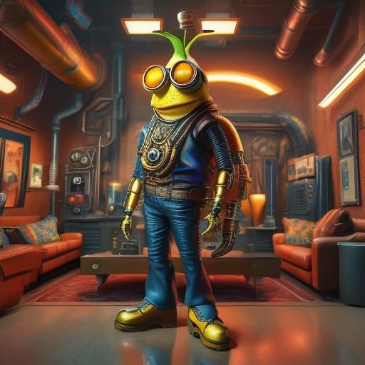 Steampunk Banana Inventor in Vintage Workshop