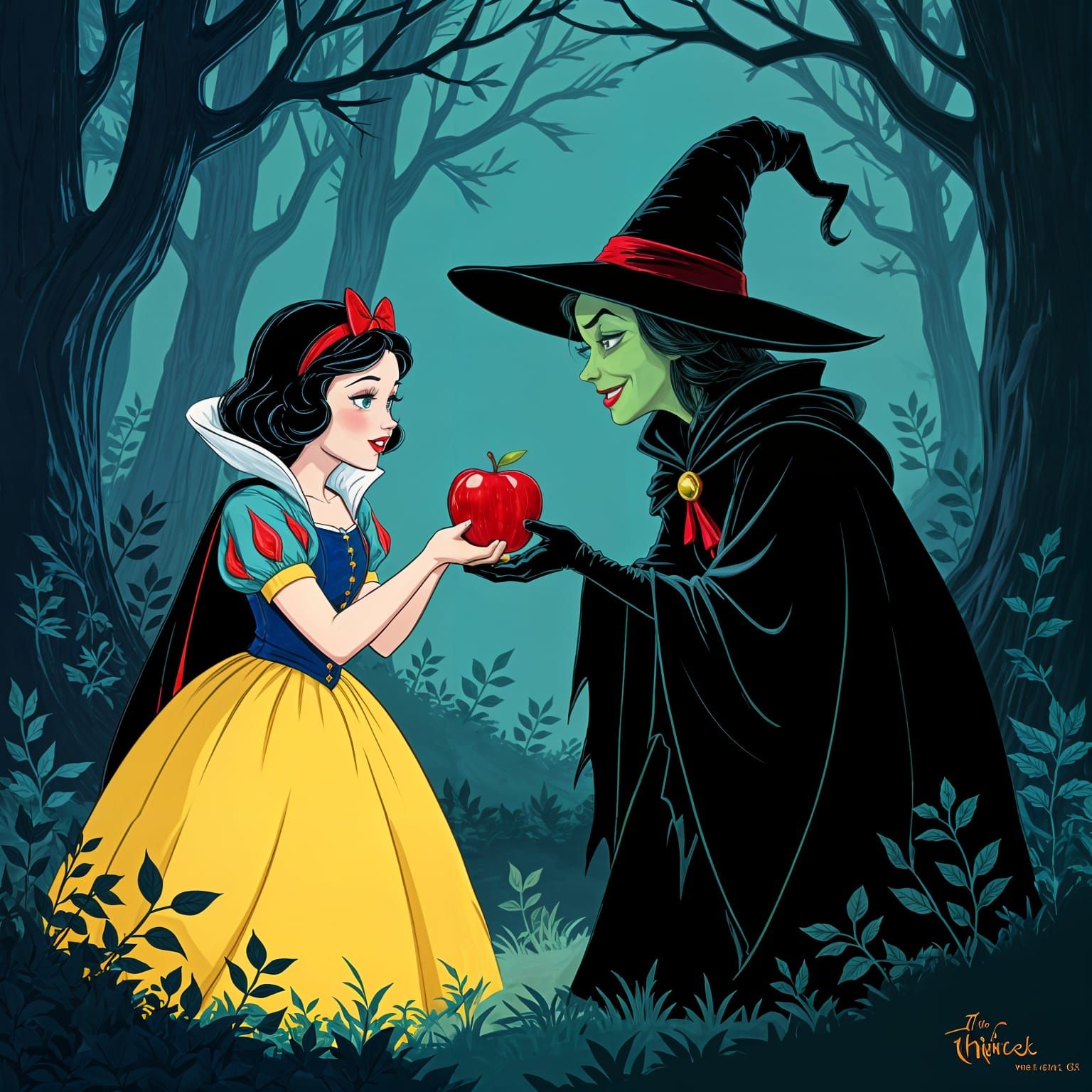 Wicked Witch Offers Apple, Disney Cartoon Style