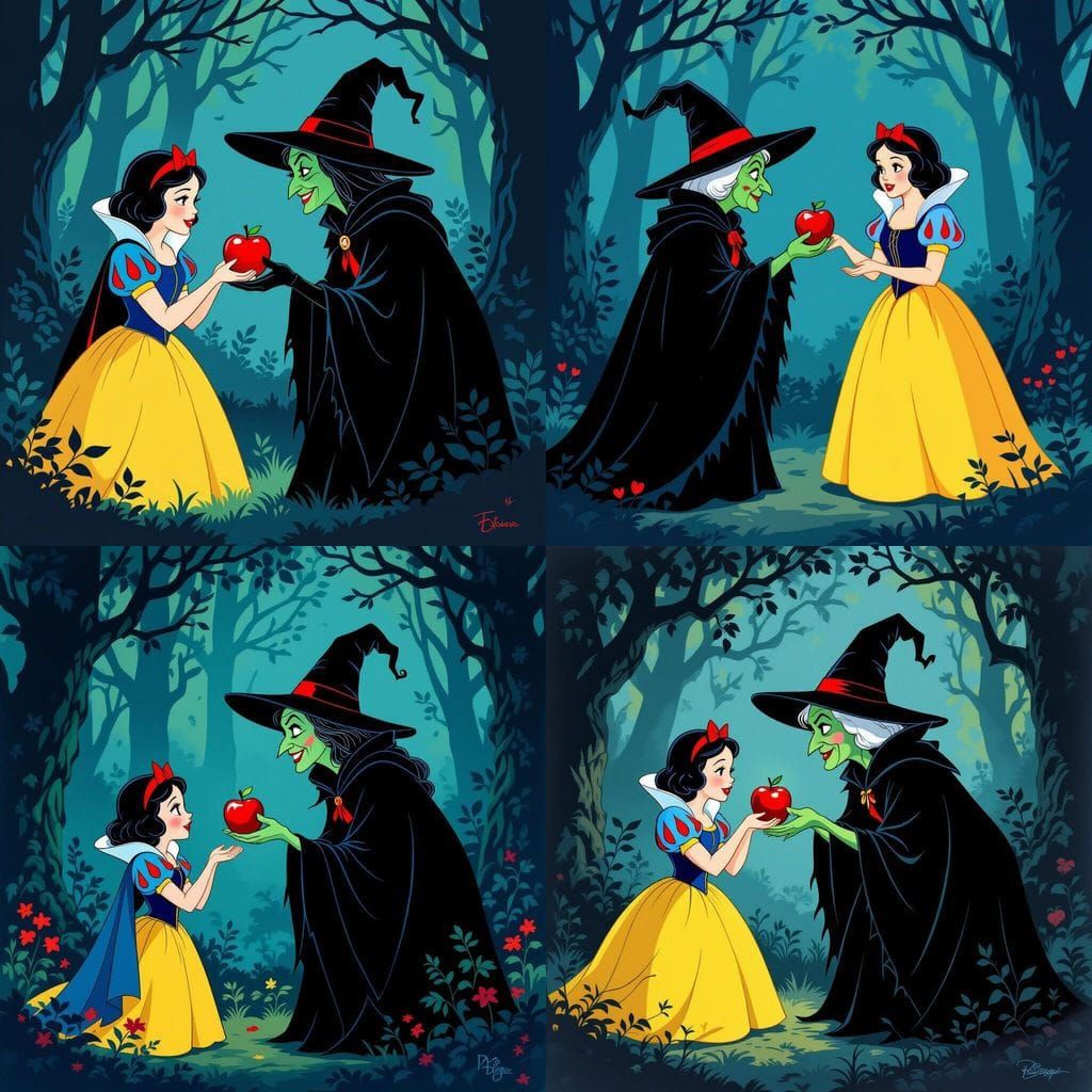 Snow White and the Witch in 40s Disney Style