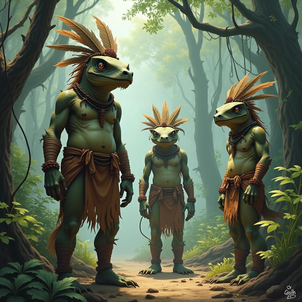 Reptilian Humanoids in Misty Jungle, Digital Painting
