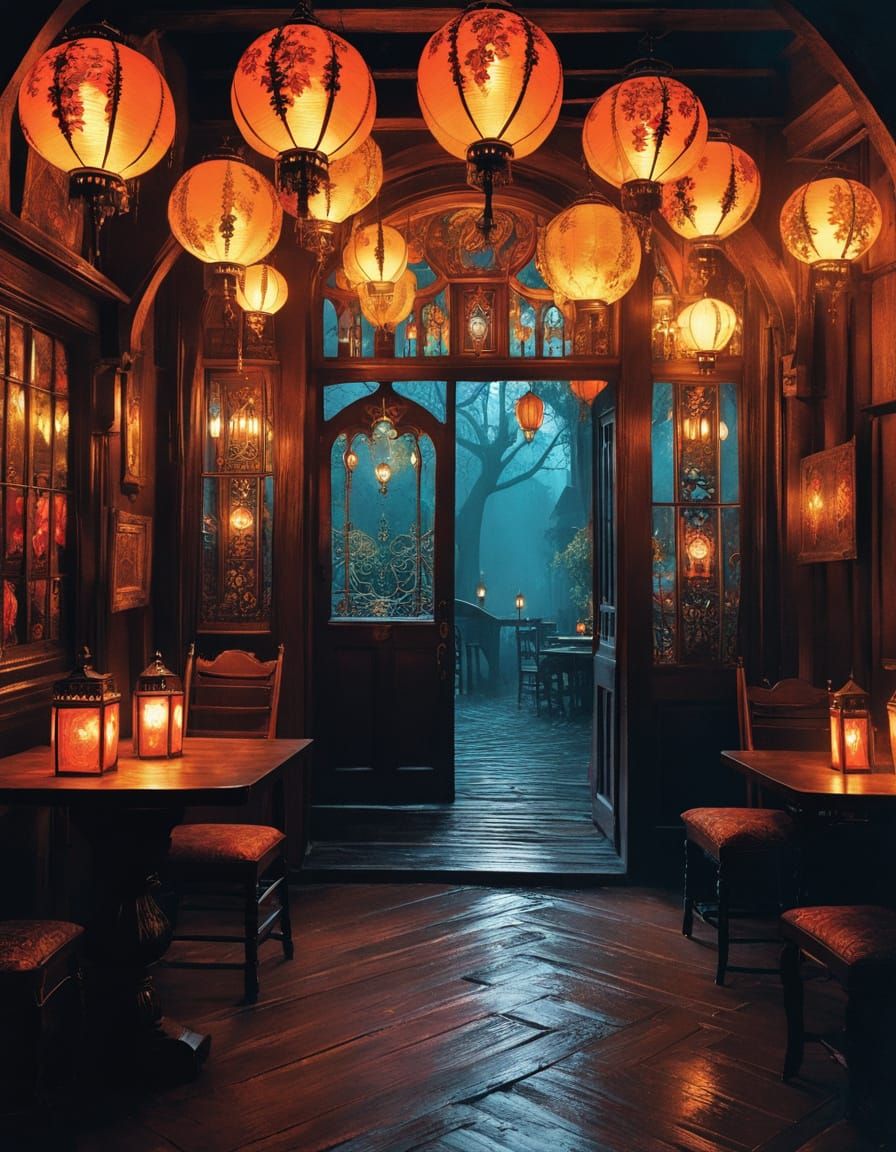 A glowing tavern window on a rainy night
