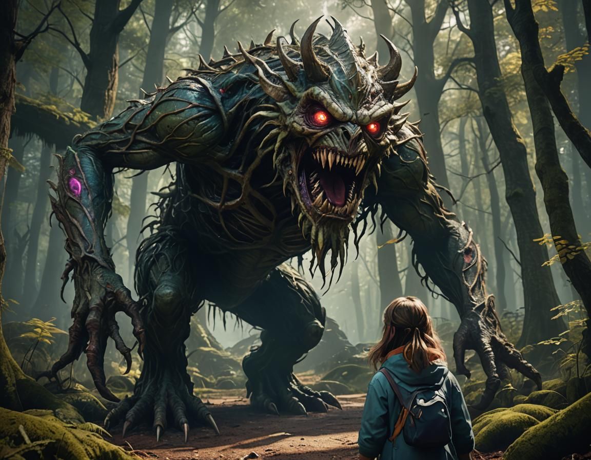close-up on a scary monster meeting a scared, frightened young girl staring ar the creature, in the creepy woods. using ...