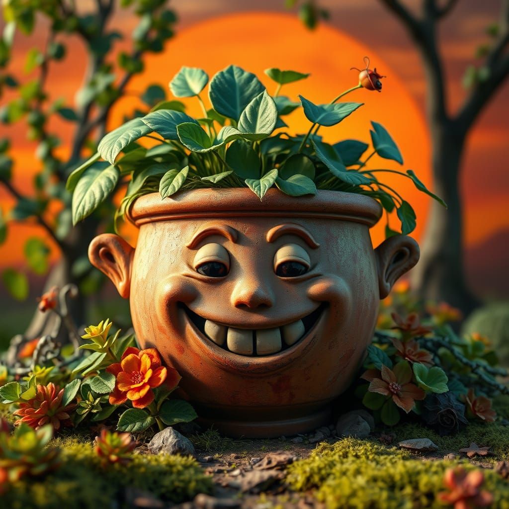 Smiling Retro Pot in Whimsical Sunset Garden