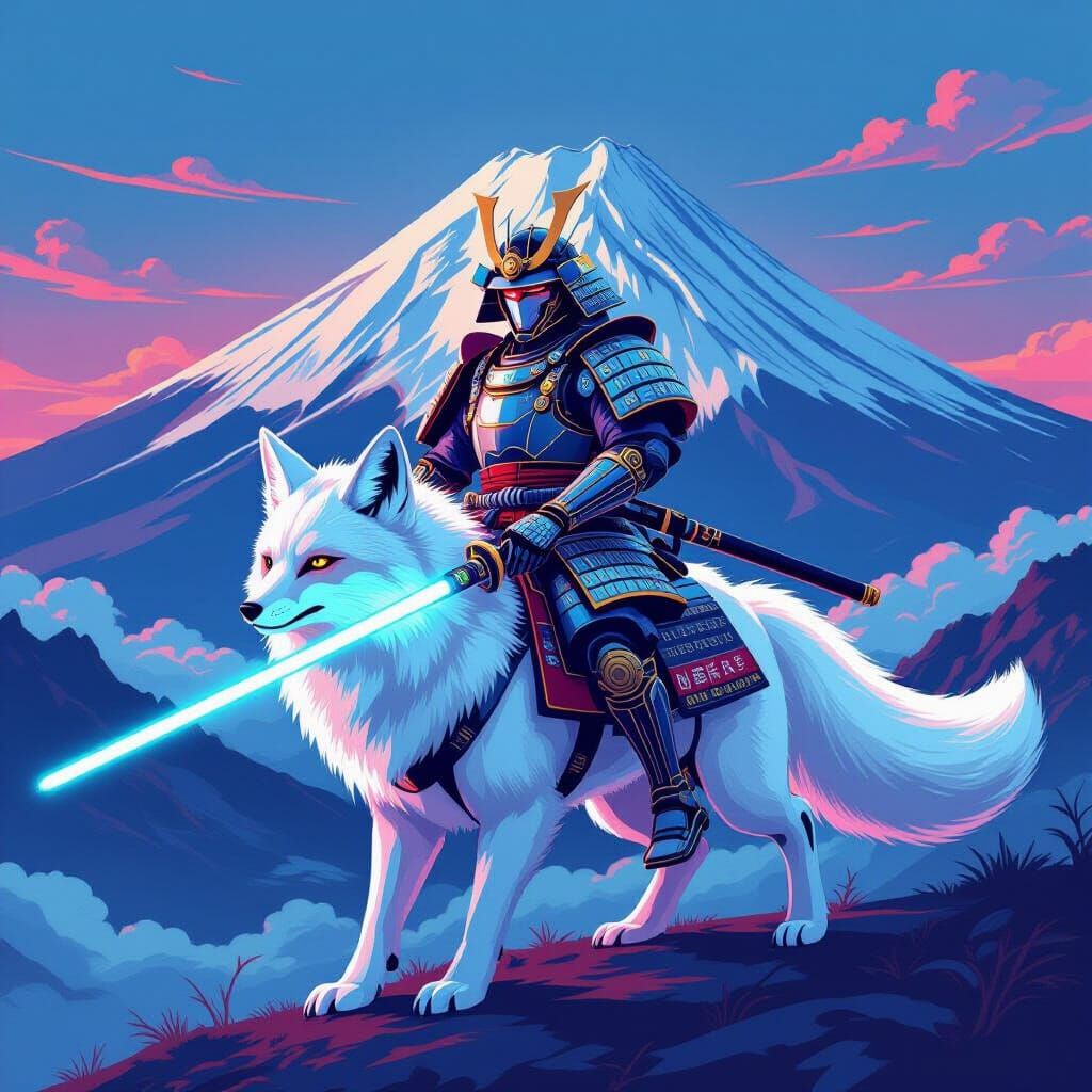 Robot Samurai Rides a Polar Fox Before Mount Fuji