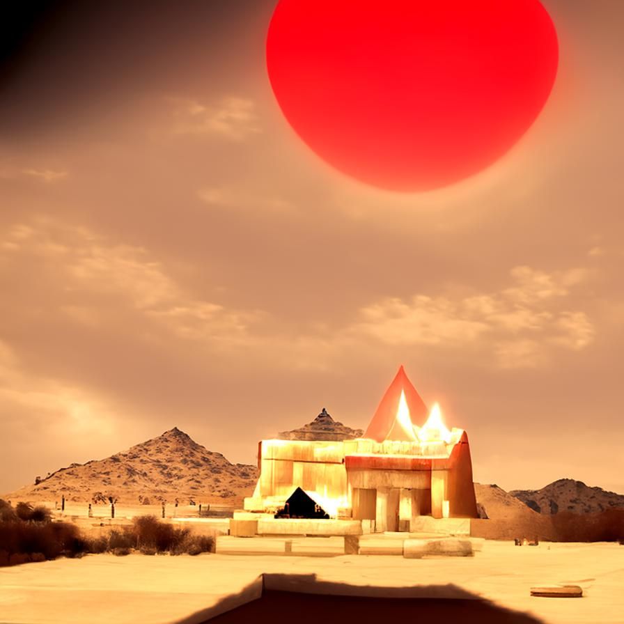 Desert Fire Temple and Pyramid in Art Deco Style