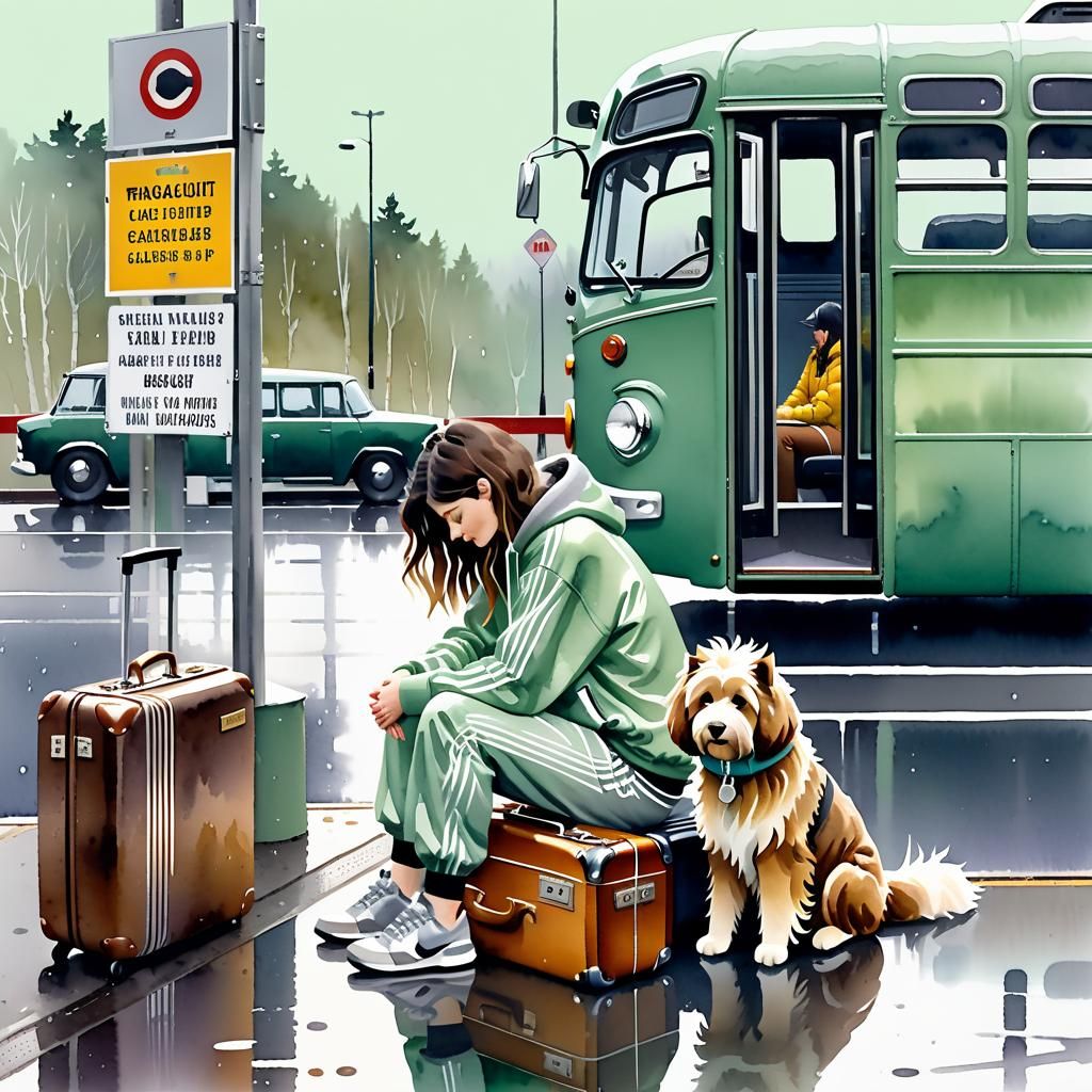 Rainy Bus Stop Scene in Watercolor Gouache