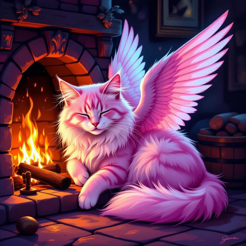 Pink Winged Cat Cuddles by Fireplace in Alcohol Ink Style