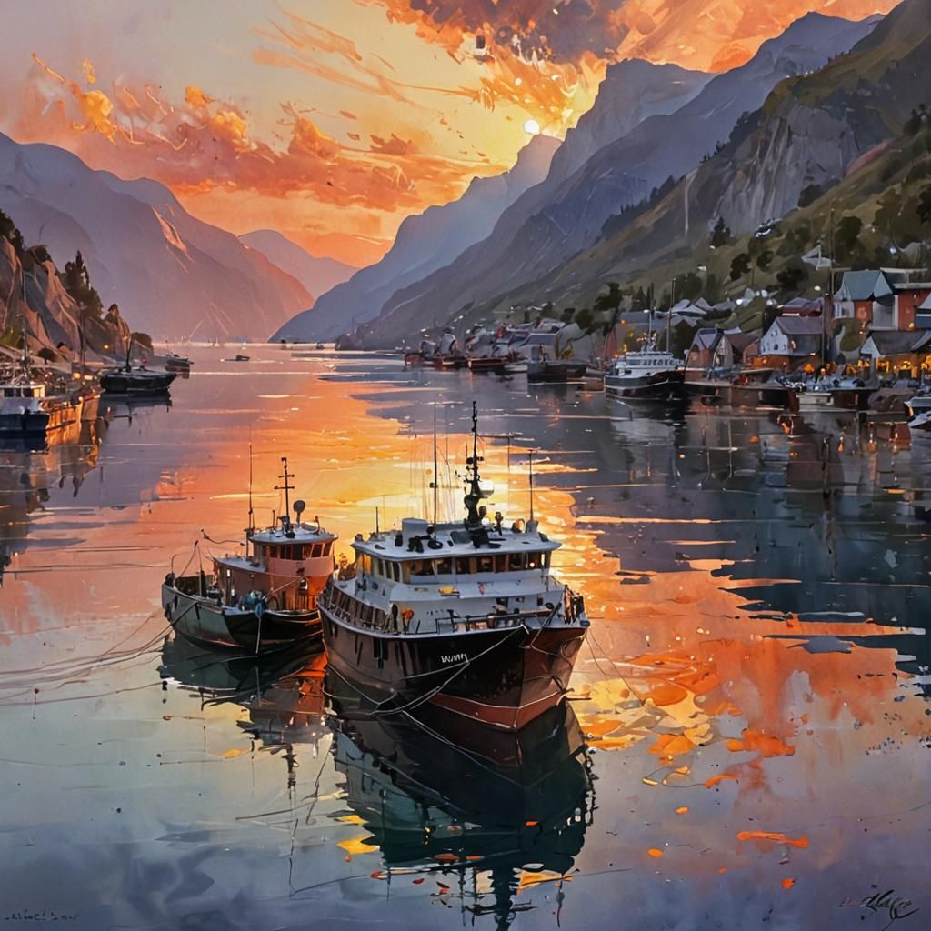 Sunset Fjord: Watercolor Ships in Harbor