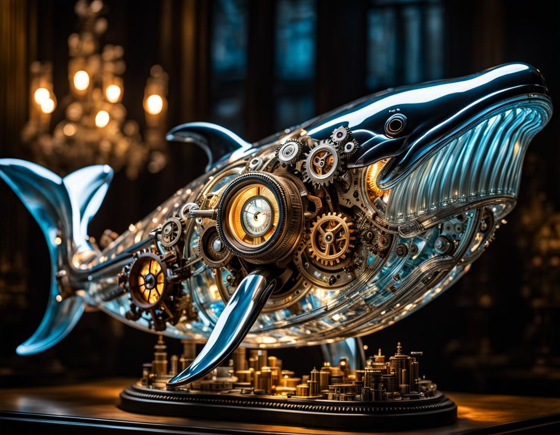 Steampunk Cyborg Whale with Glass Anamorphic Design