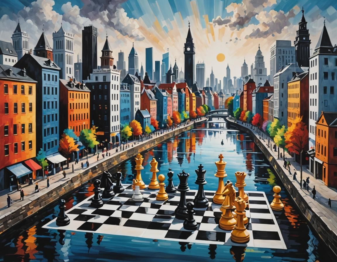 Surreal Chess Piece Cityscape on Colorful River