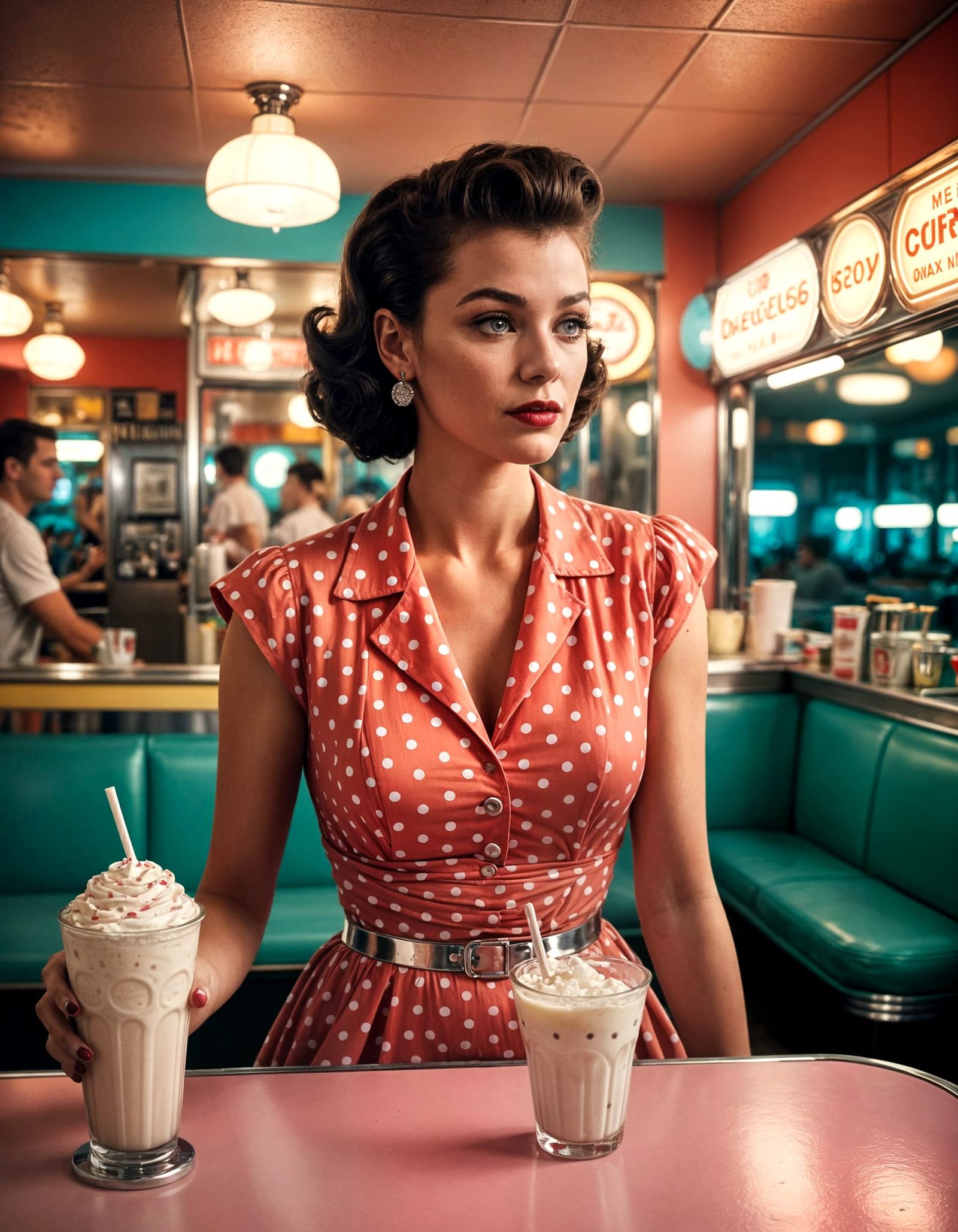 Woman in Polka Dot Dress in 1950s Diner