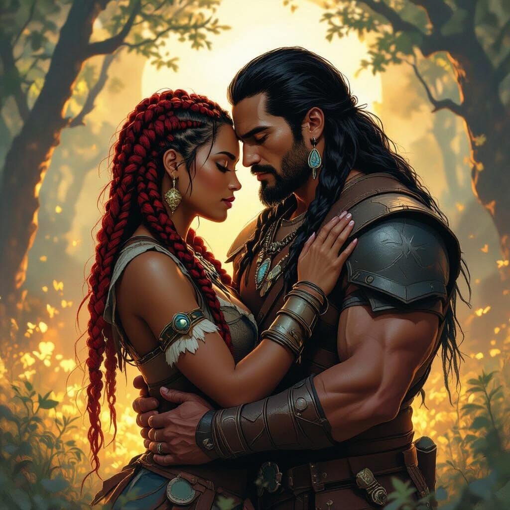 Warriors Embrace in Glowing Fantasy Forest