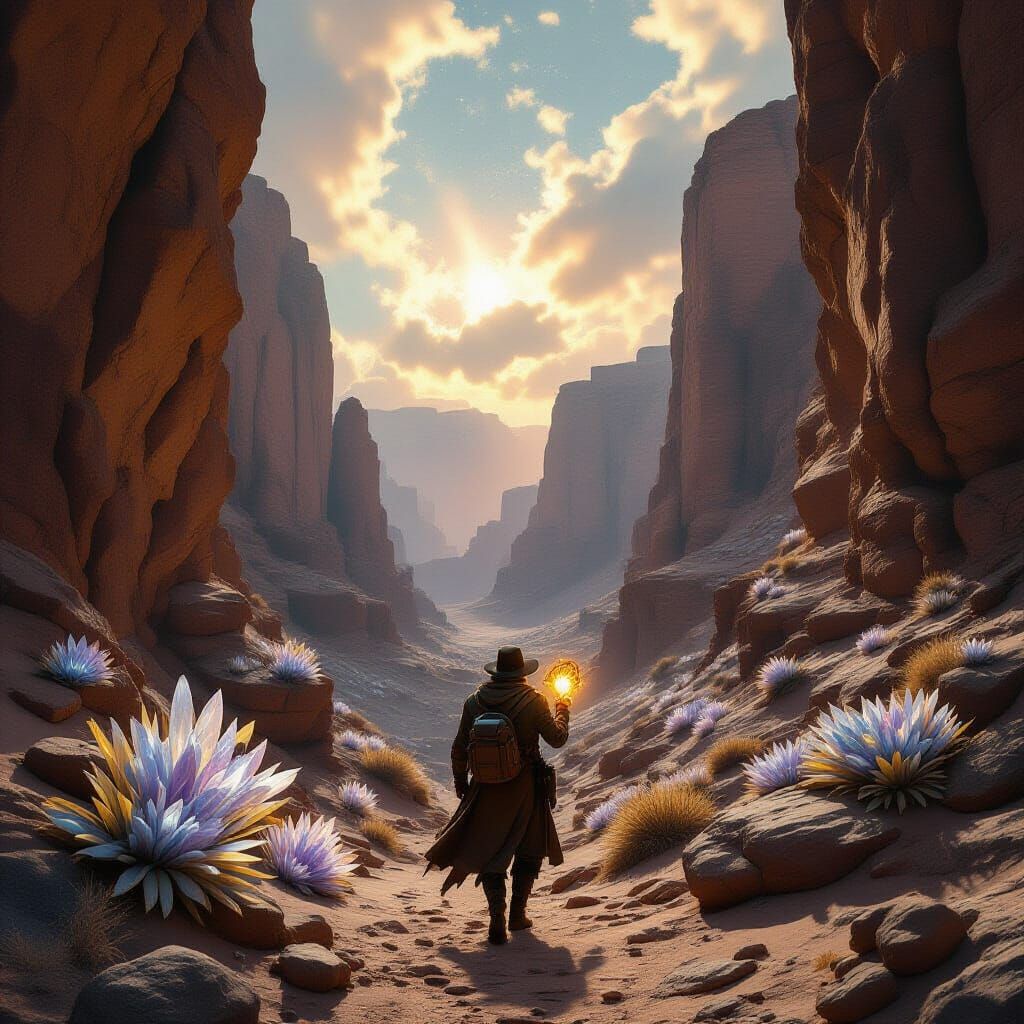 Explorer Navigates Nebulae Sky Canyon with Glowing Artifact