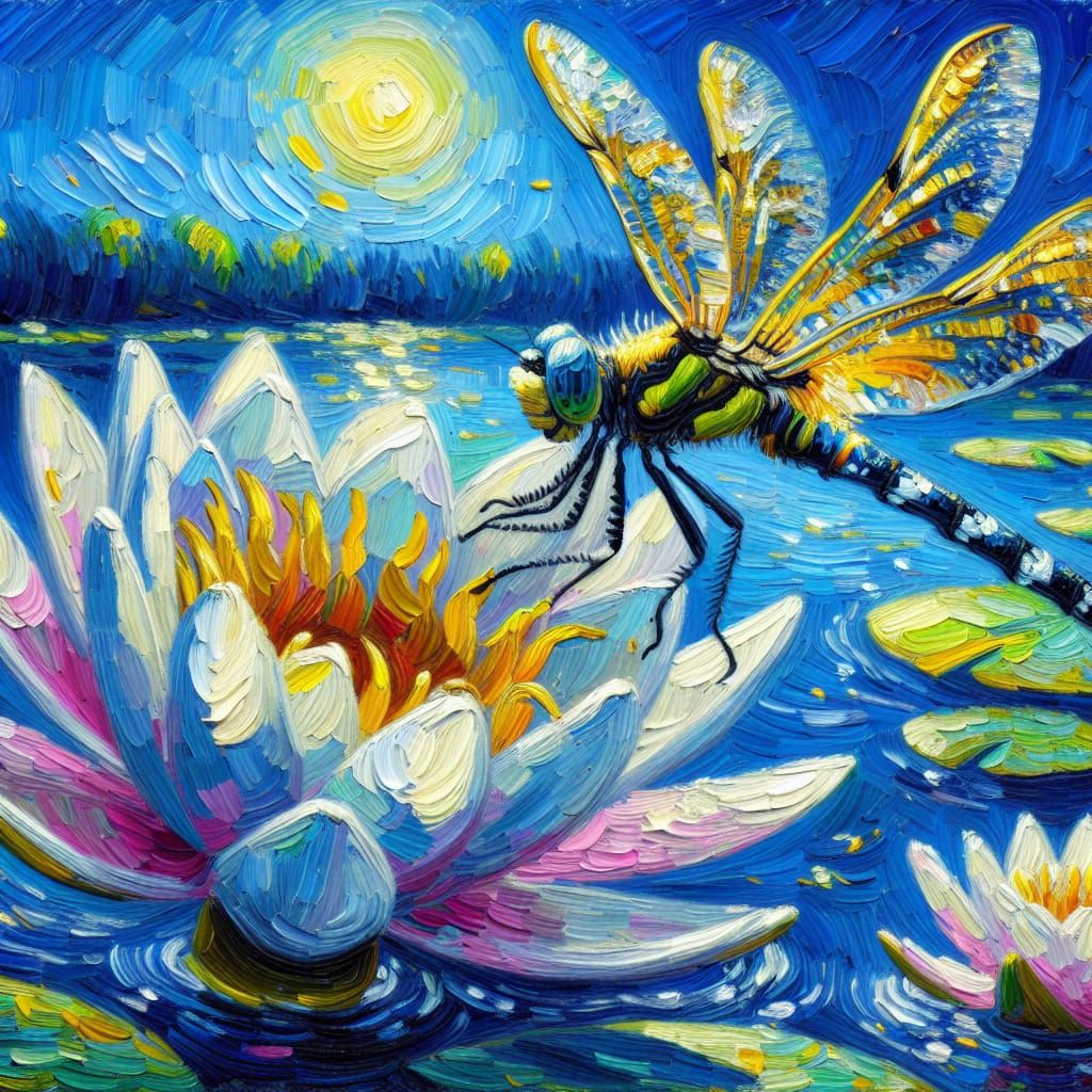Dragonfly and Water Lily: Impasto Oil Painting