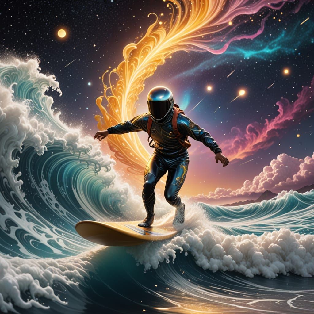 Cosmic River Surfer in Luminous Comet Glow