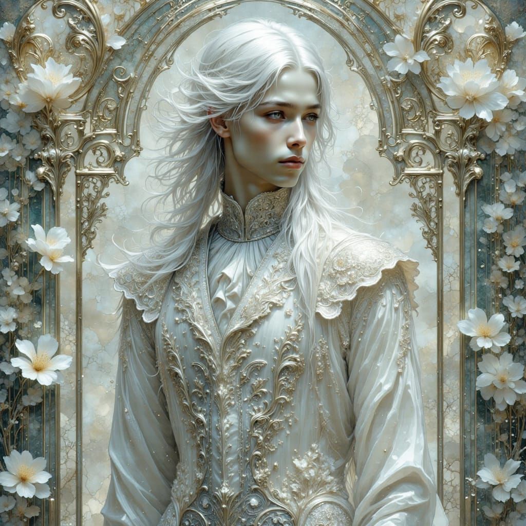 Ornate White Suit in Art Nouveau Garden