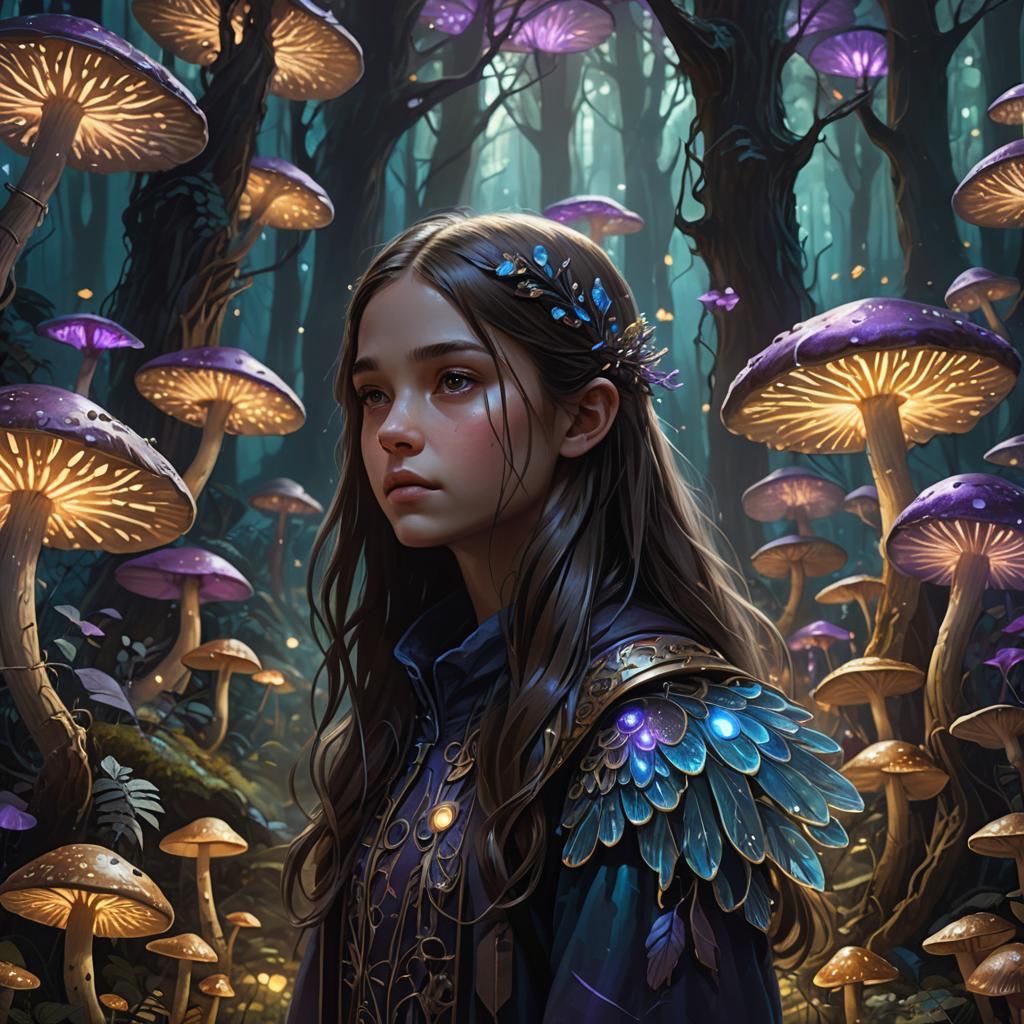 Mystical Forest Girl with Glowing Mushrooms and Wings
