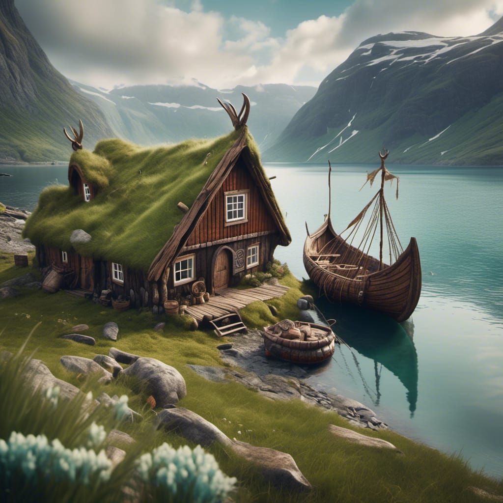 Viking House Beside Fjord in Hyperreal Style