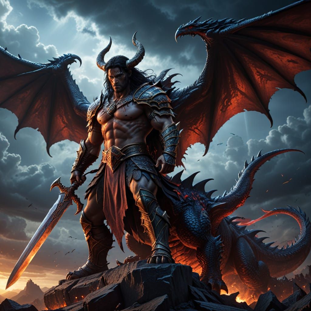 Conan-Like Warrior Rides a Blood Red Dragon into Battle